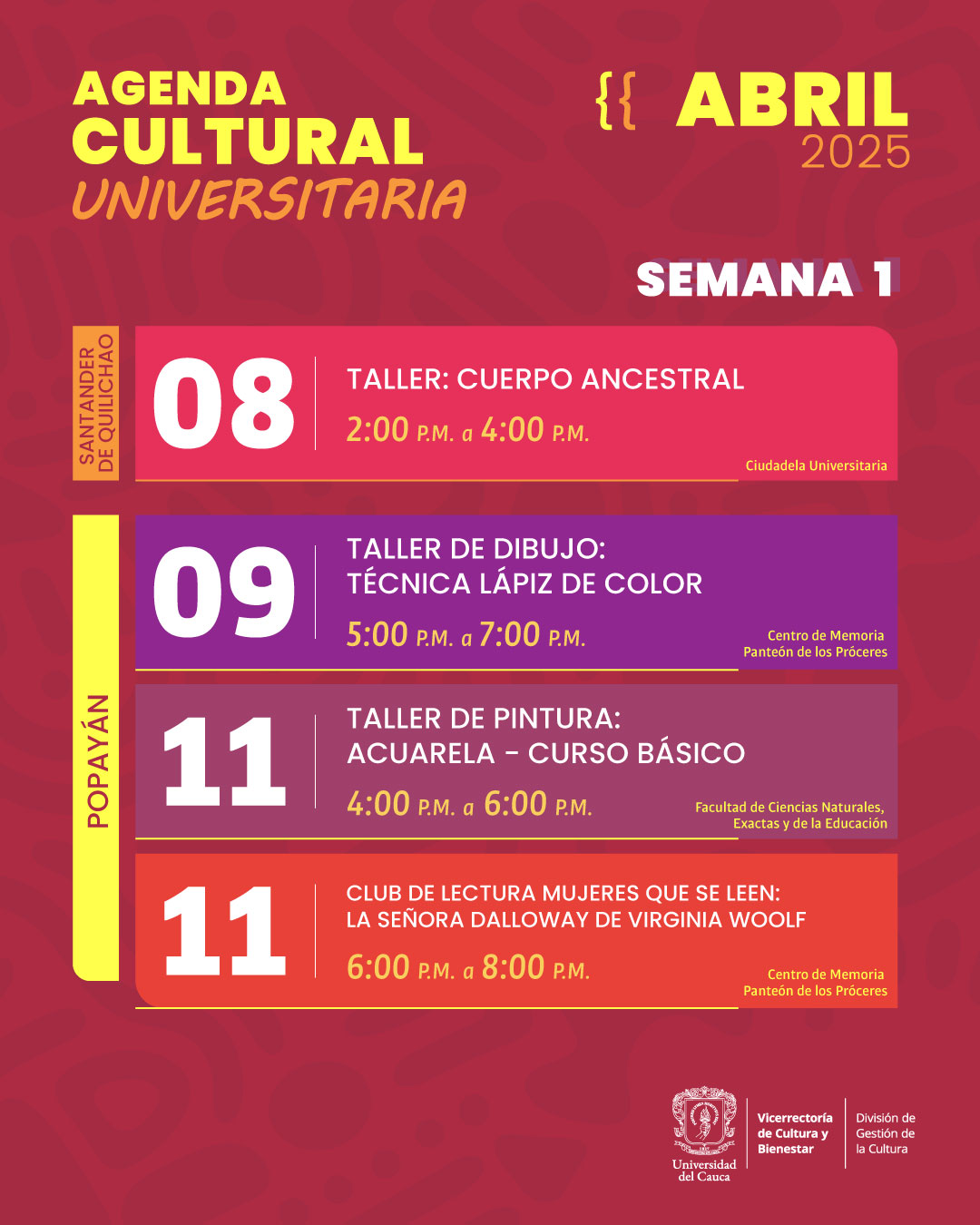 Agenda Cultural Universitaria Abril 2025 - Semana 1