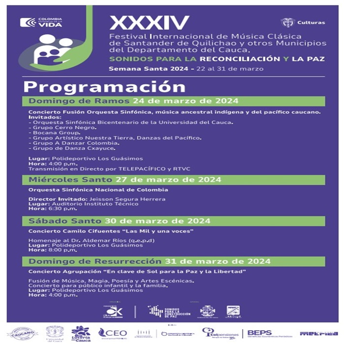 XXXIV Festival Internacional de Música Clásica de Santander de Quilichao y otros municipios del departamento del Cauca. Sonidos para la Reconciliación y la Paz