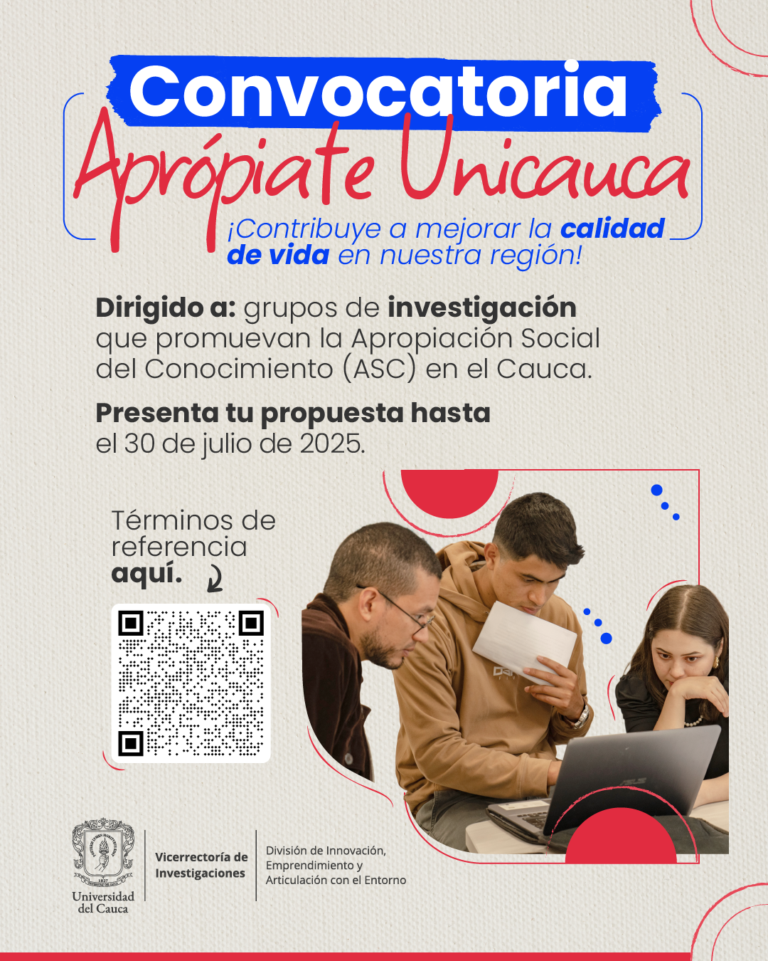 Convocatoria de apropiación social de la Vicerrectoría de Investigaciones